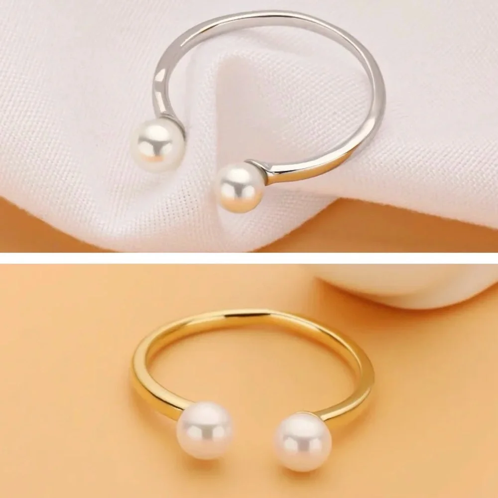 925 Sterling Silver Open Bypass Pearl Ring Adjustable Size 5-7 Minimalist